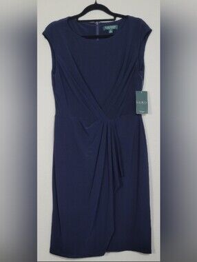 NWT Ralph Lauren Jersey Dress Size 8P Navy Blue Ruched Twist Front Classic Prepp